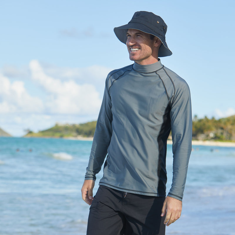 Man in UV Skinz's men's long sleeve active swim shirt in steel grey|steel-grey