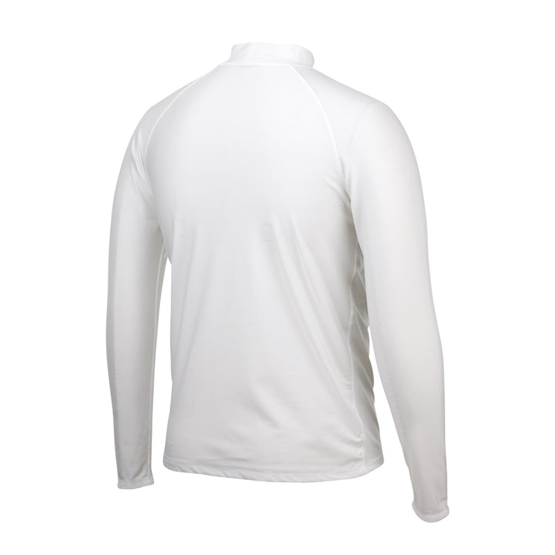 back of the men's long sleeve swim shirt in white|white