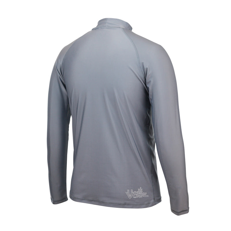 back of the men's long sleeve grey swim shirt|grey