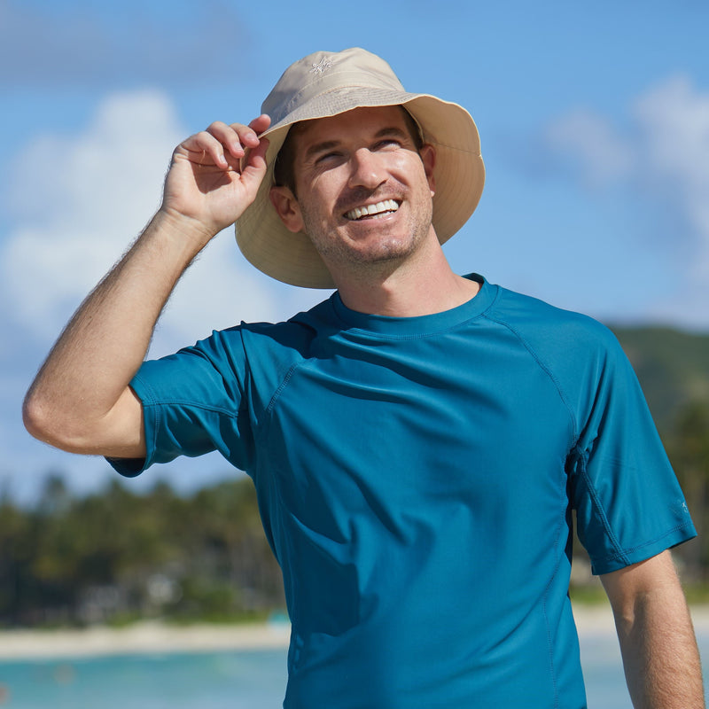 Dad Smiling in the Sun in UV Skinz's Men's Bucket Hat in Cream Tan|cream-tan