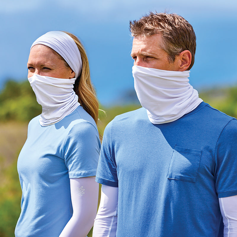 Couple Wearing UV Skinz's Bamboo UV Neck and Face Coverings|charcoal