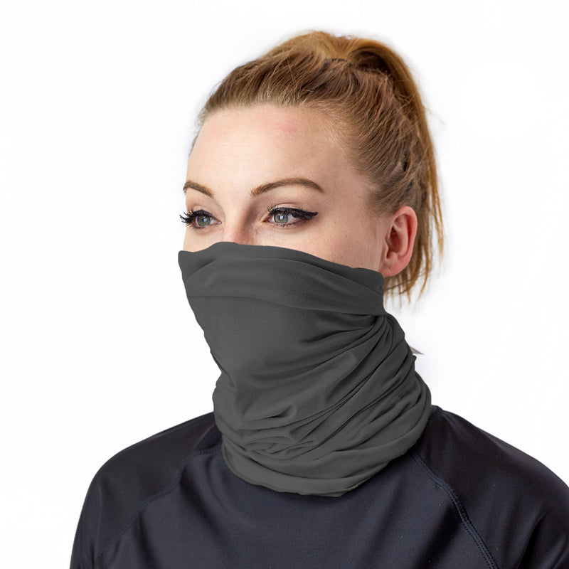 Woman Wearing the Bamboo UV Neck and Face Covering in Charcoal|charcoal