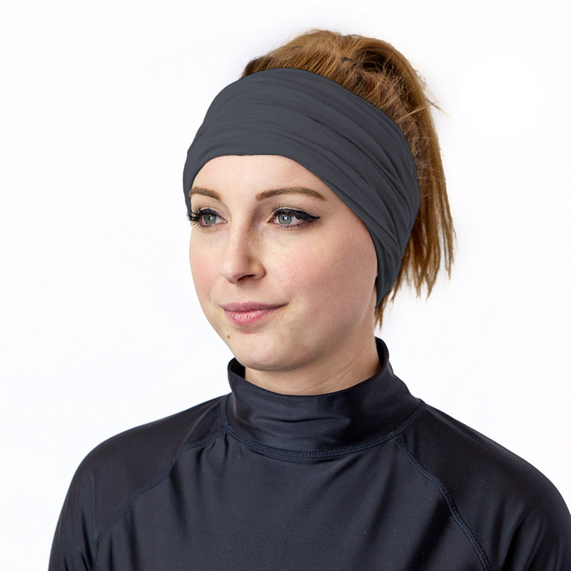 Woman Wearing the Bamboo UV Neck and Face Covering in Charcoal as a Headband|charcoal