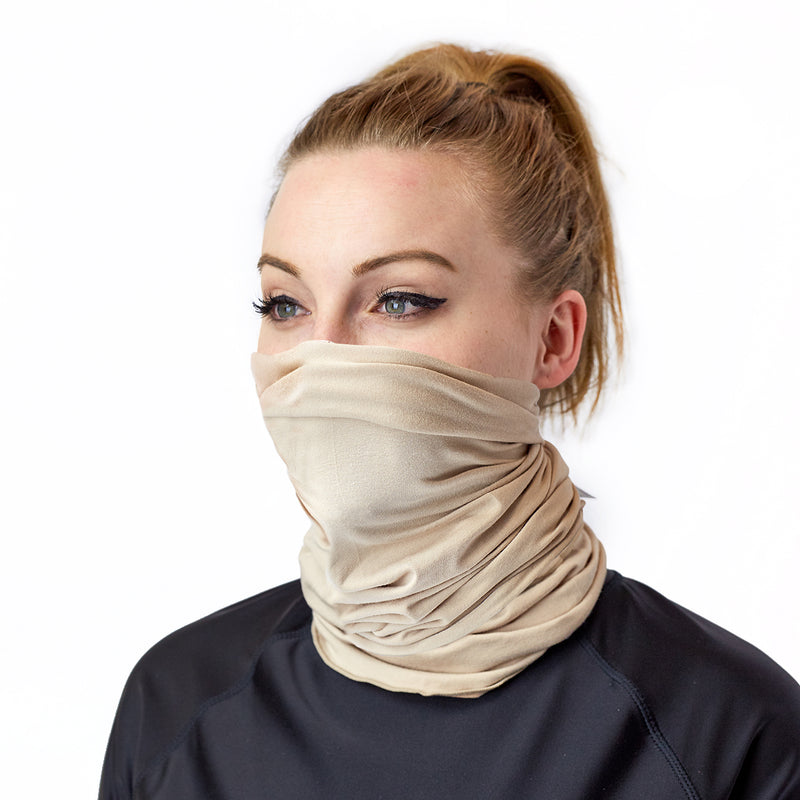 Woman Wearing the Bamboo UV Neck and Face Covering in Sand|sand