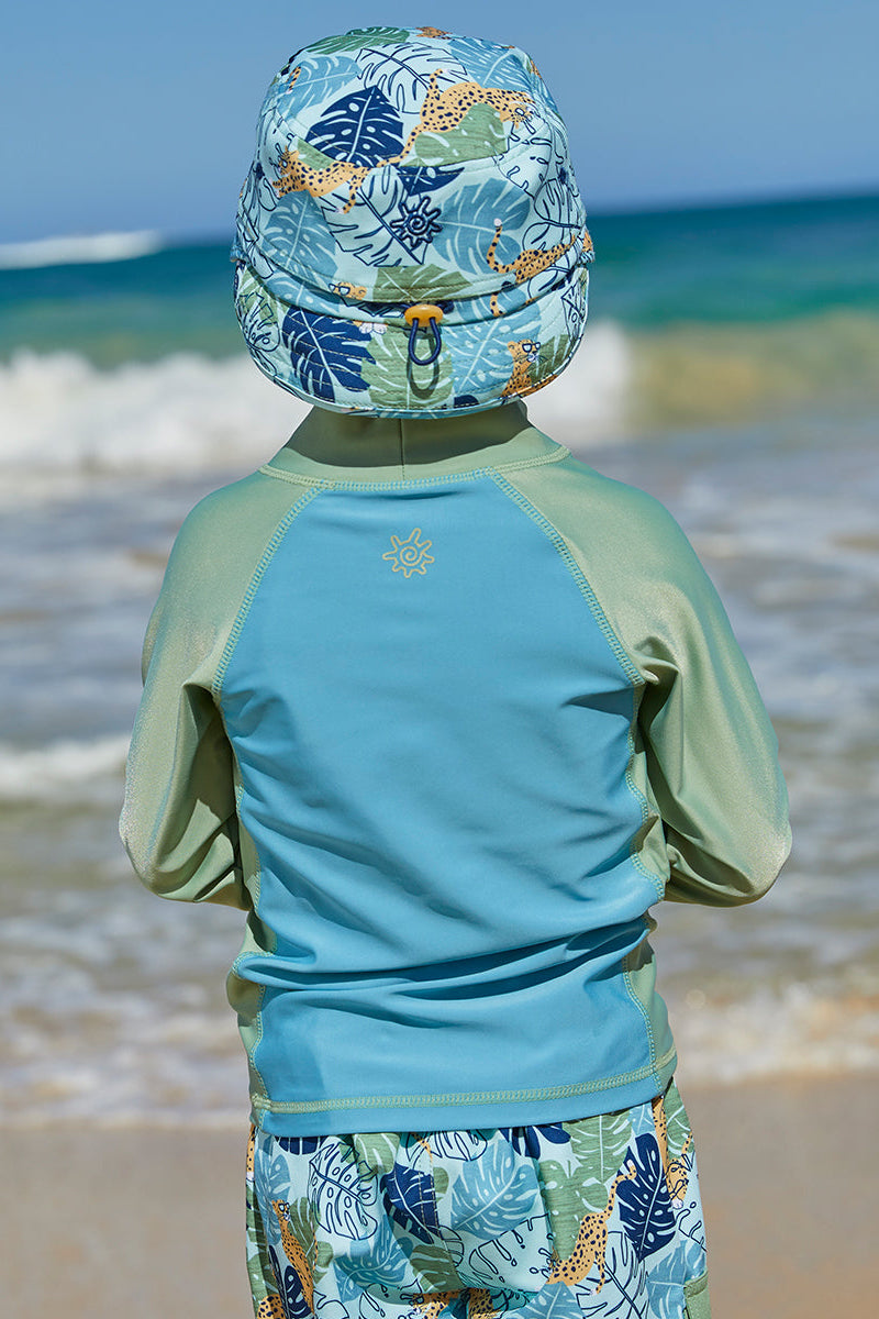 Back view of the neck flap on UV Skinz's kid's adjustable flap sun hat in cool cat|cool-cat