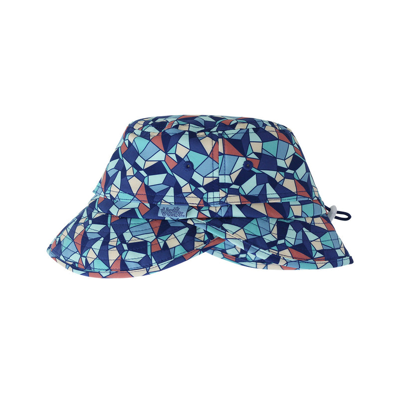 side view of the kid's adjustable flap sun hat in stained glass|stained-glass