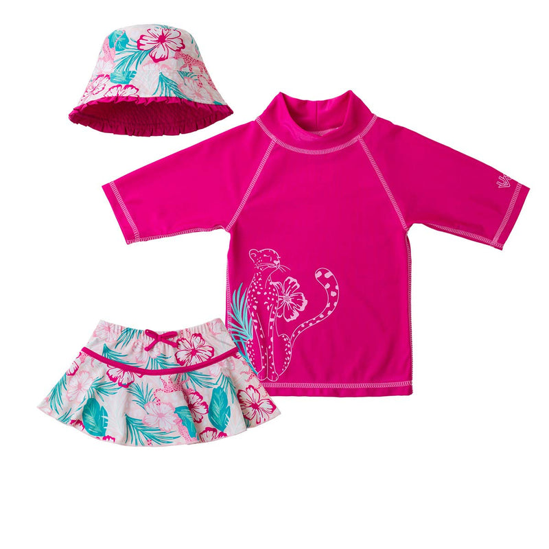 girl three piece swimsuit set in hot pink jungle cat|hot-pink-jungle-cat