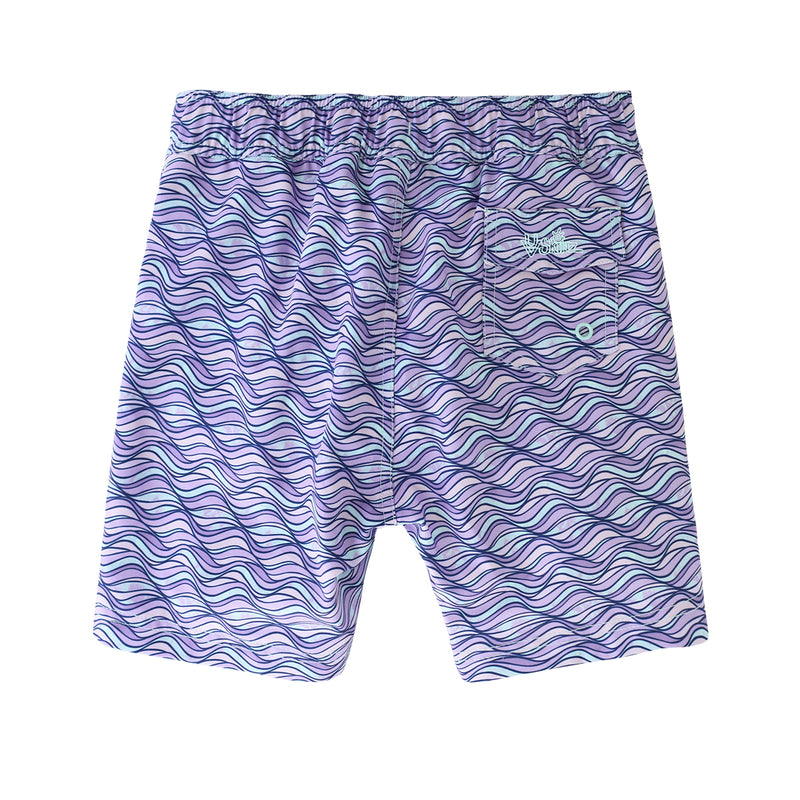 back view of the girl's board shorts in lilac waves|lilac-waves