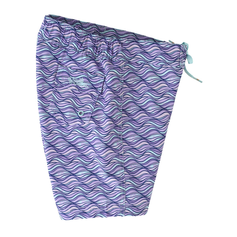 side view of the girl's board shorts in lilac waves|lilac-waves