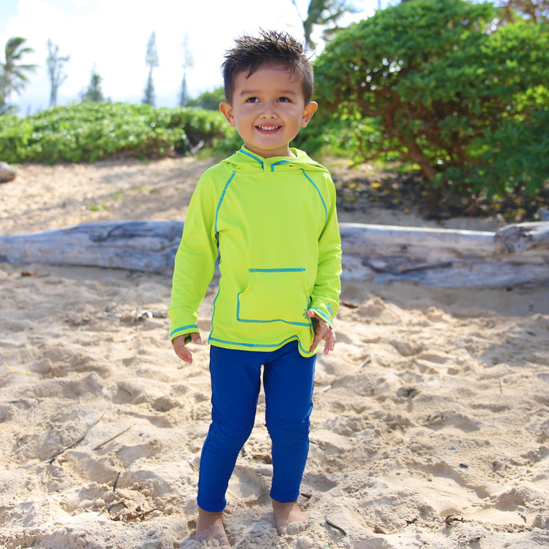 Little boy in UV Skinz's boy's pullover hoodie in lime punch|lime-punch