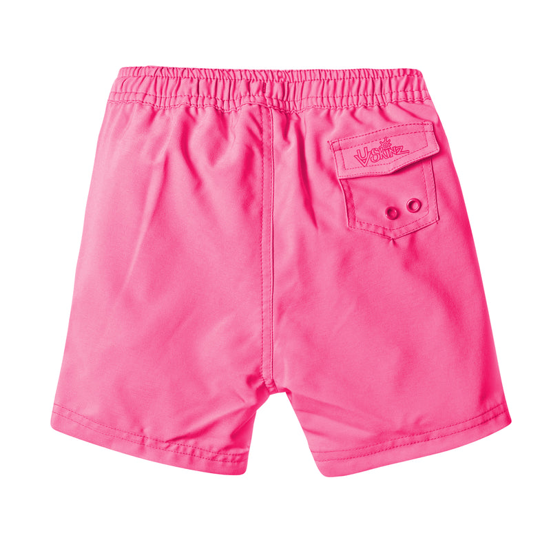 back view of the girl's board shorts in hot pink|hot-pink