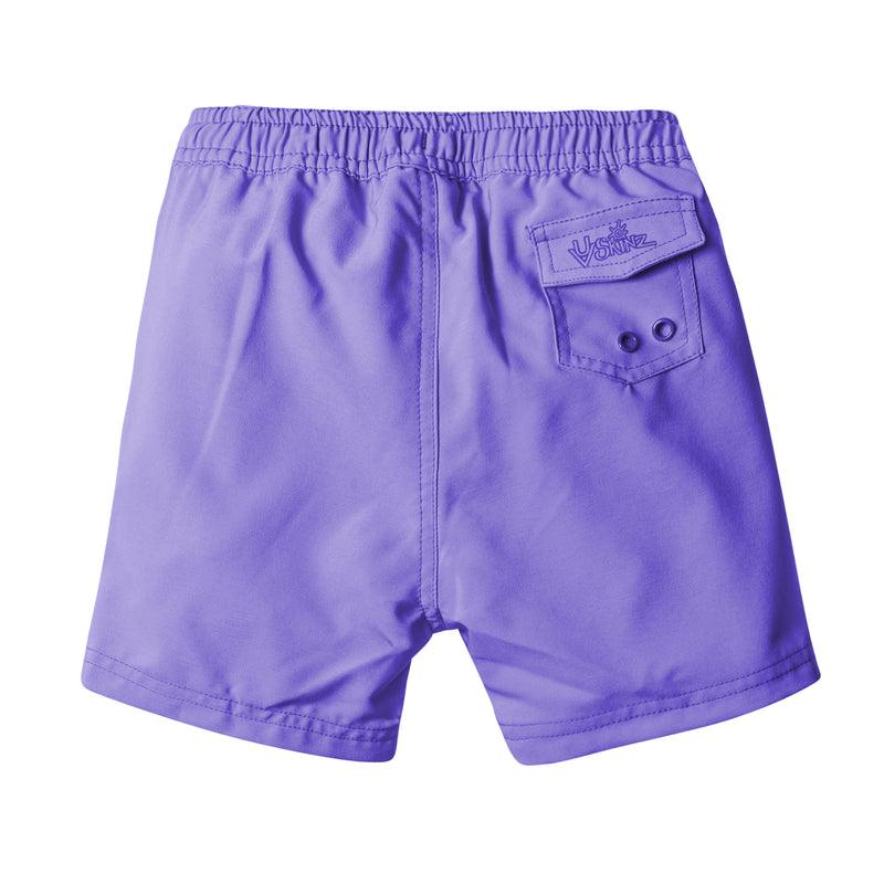 back view of the girl's board shorts in purple|purple
