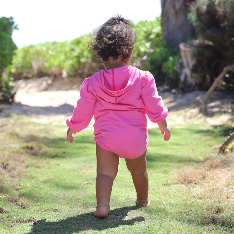 Back of a Cute Baby Girl in Baby Girl's Hooded Sunzie in Bubblegum|bubblegum