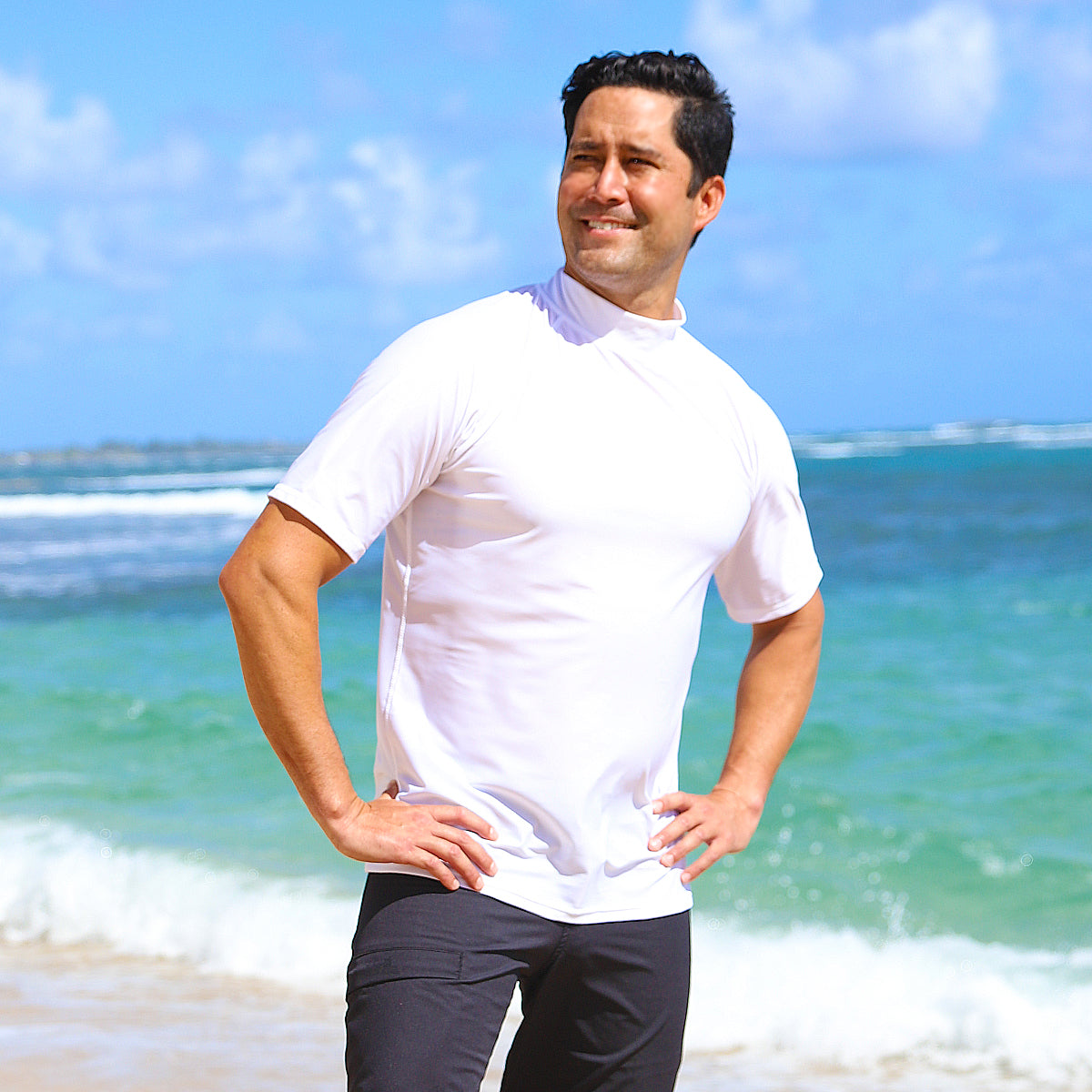 Man in UV Skinz's men's short sleeve swim shirt in white|white