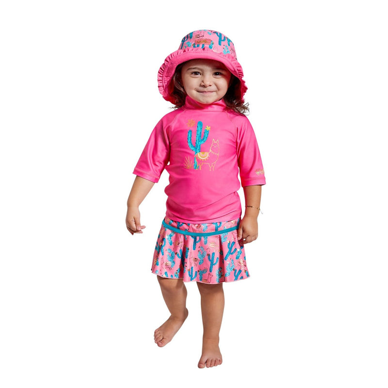 Little girl in UV Skinz's matching swimwear set|desert-llama