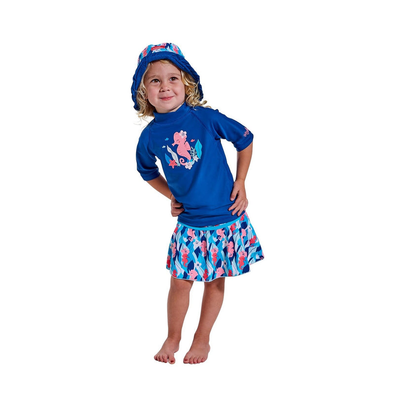 little girl in UV Skinz's matching swimwear set in seahorse kelp|seahorse-kelp