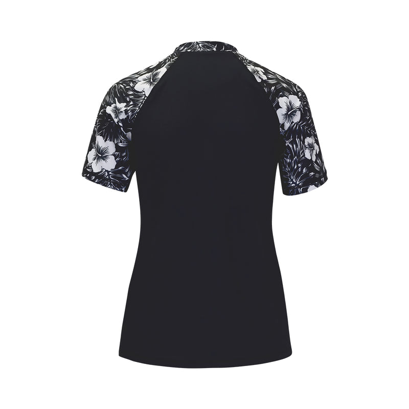back of the women's short sleeve v-neck swim shirt in black paradise|black-paradise