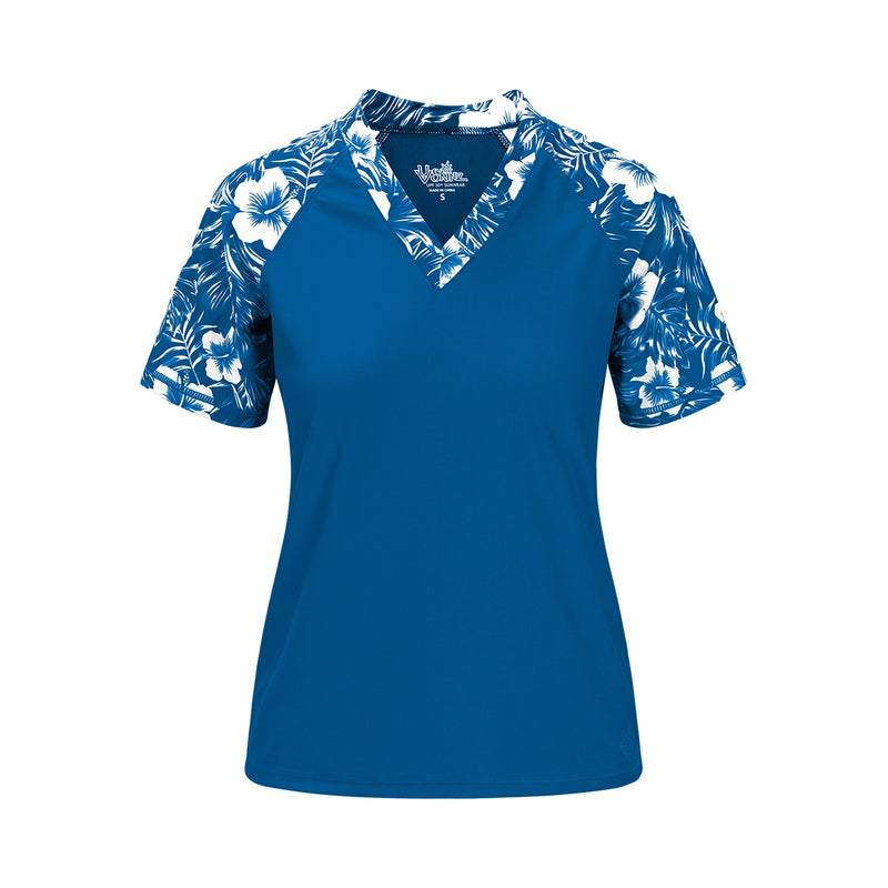 women's short sleeve v-neck swim shirt in mykonos paradise|mykonos-paradise