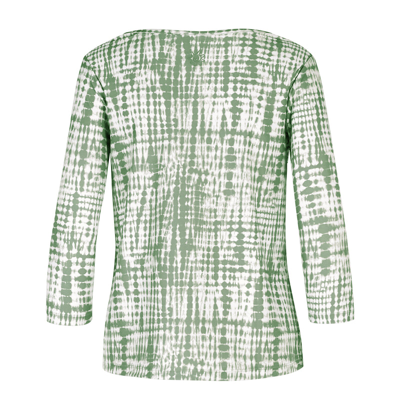 Back of the Women's 3/4 Sleeve Scoop Swing Top in Sage Tie Dye|sage-tie-dye