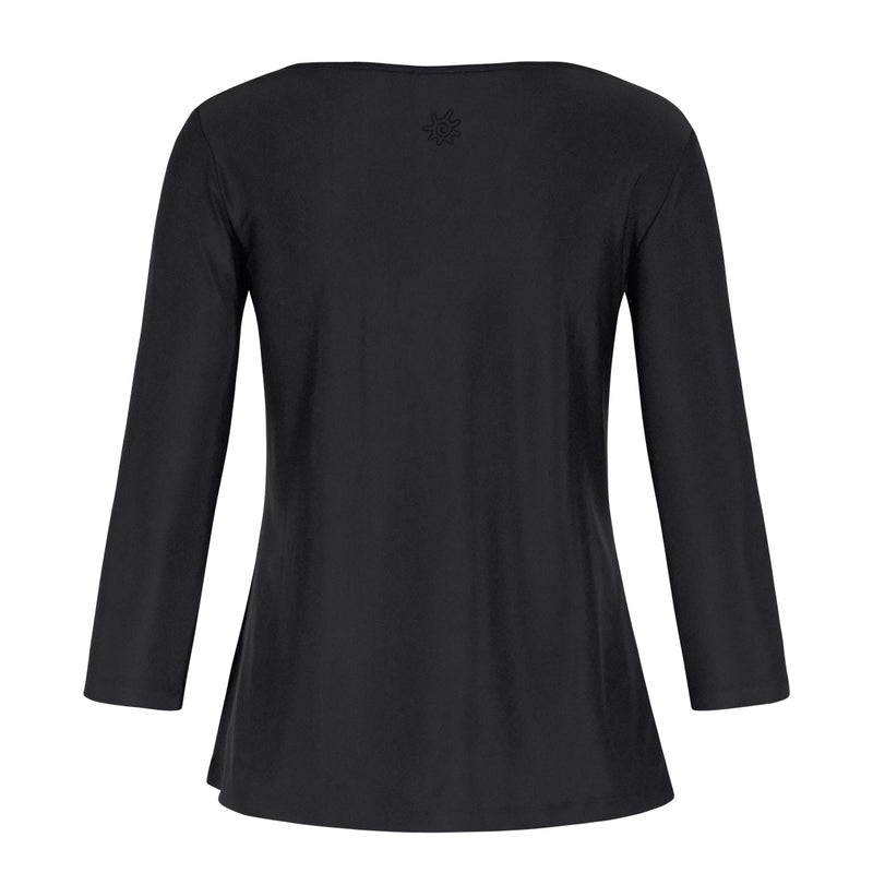 Back of the Women's 3/4 Sleeve Scoop Swing Top in Black|black