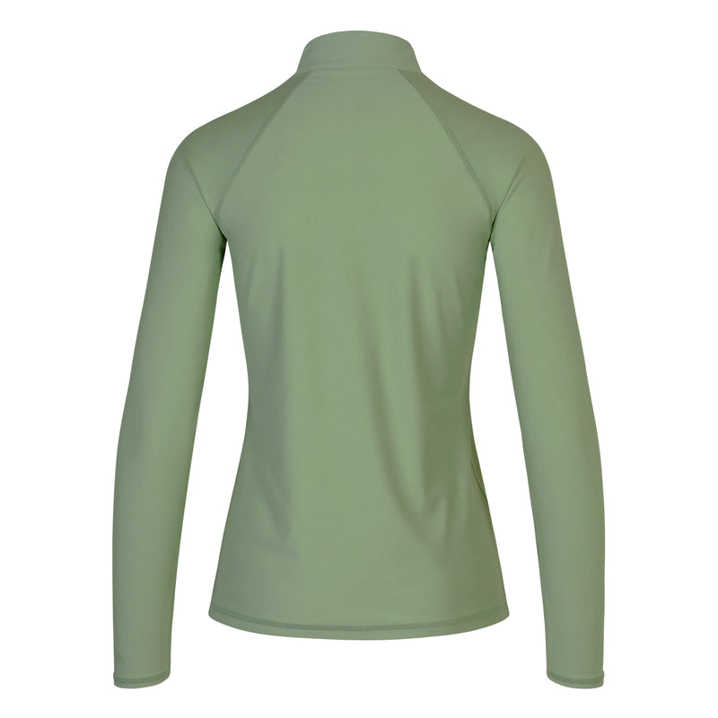 back of the women’s long sleeve quarter zip swim shirt in sage|sage