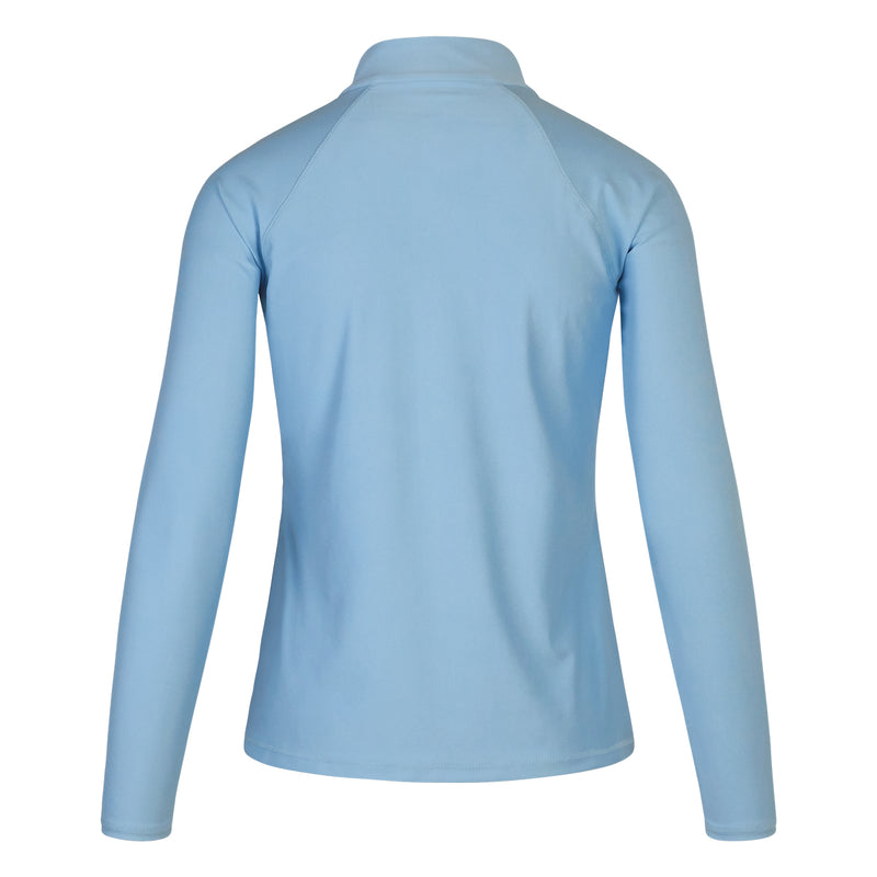 back of the women’s long sleeve quarter zip swim shirt in clear sky|clear-sky