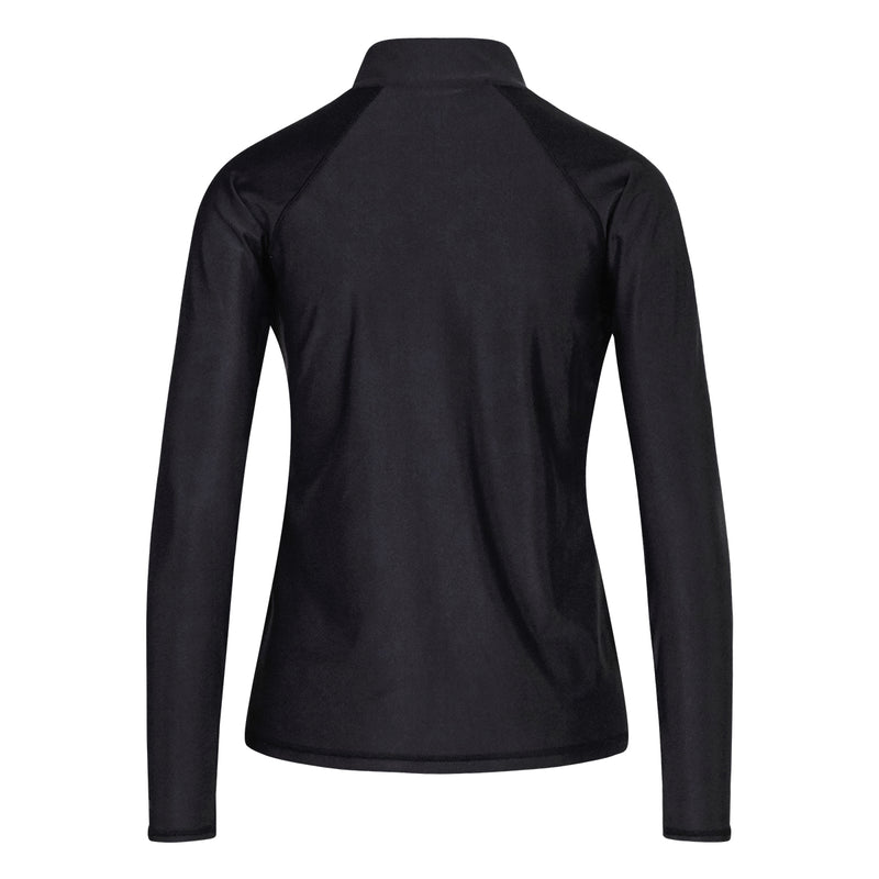 back of the women’s long sleeve quarter zip swim shirt in black|black