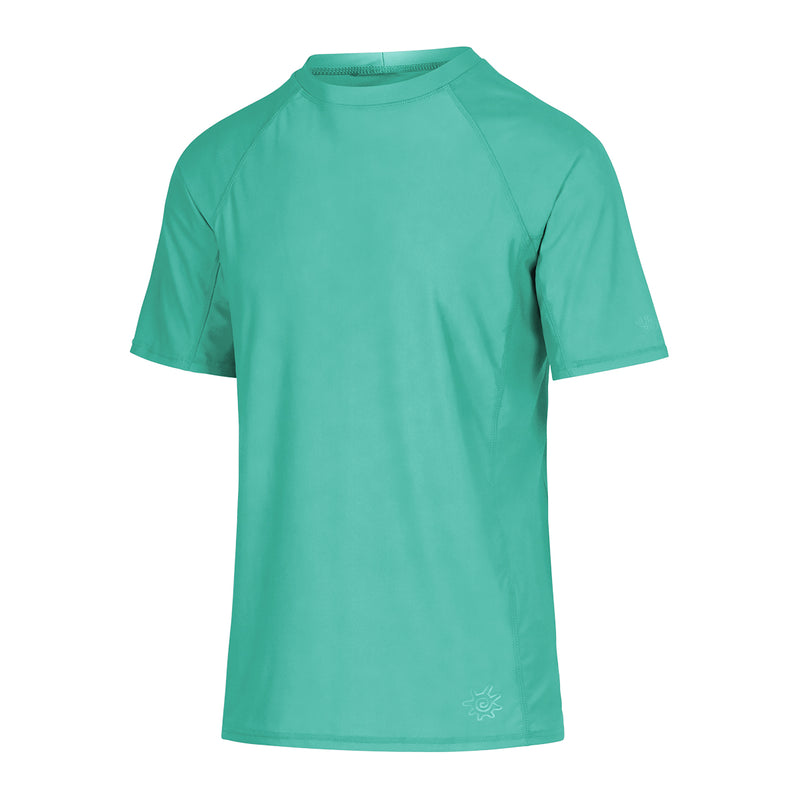 side view of the men's short sleeve swim shirt in mint|mint