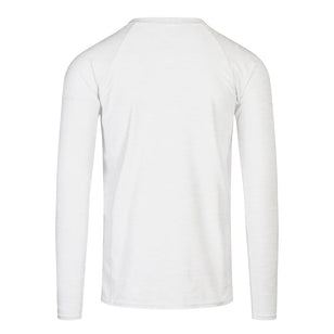 Back view of UV Skinz's men's long sleeve crew swim shirt in white jaspe|white-jaspe
