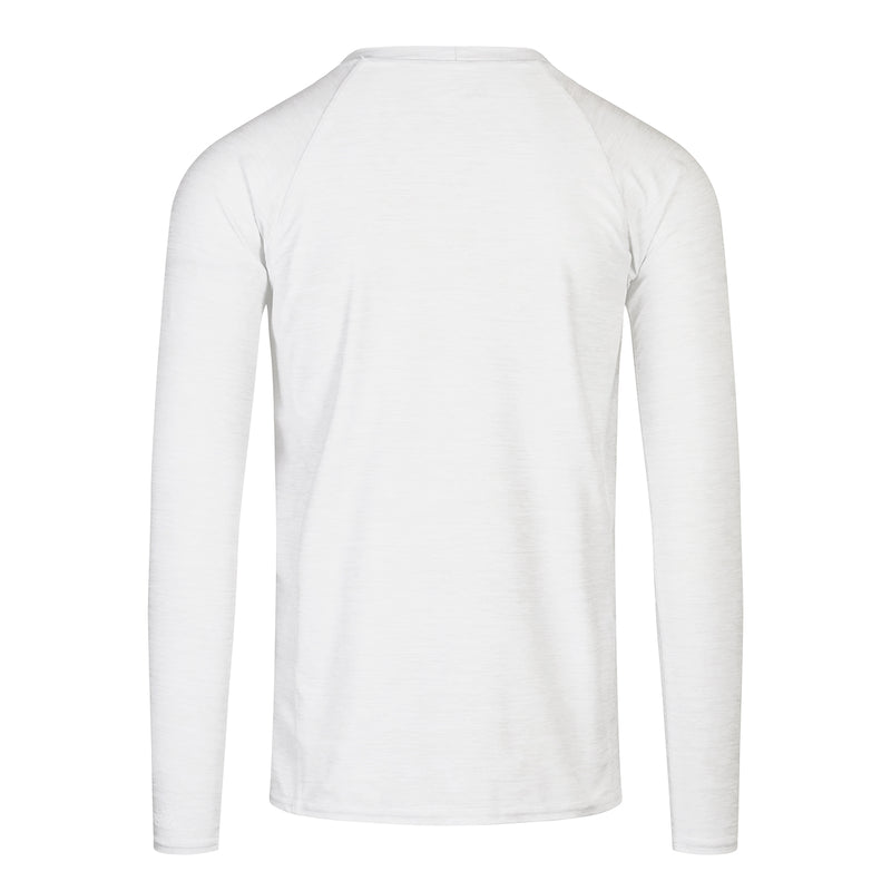 Back view of UV Skinz's men's long sleeve crew swim shirt in white jaspe|white-jaspe