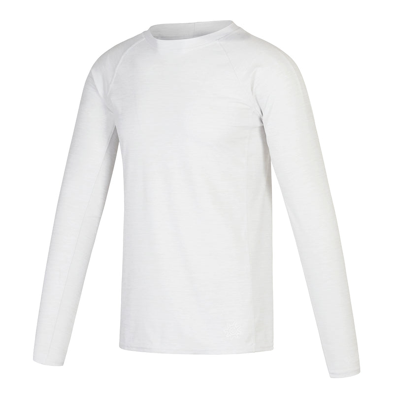 Side view of UV Skinz's men's long sleeve crew swim shirt in white jaspe|white-jaspe
