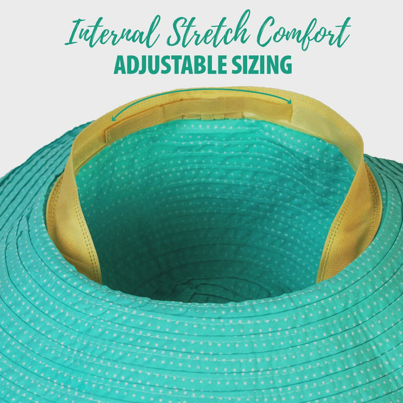 Features of the women's wide brim dot hat in aqua|aqua|gif