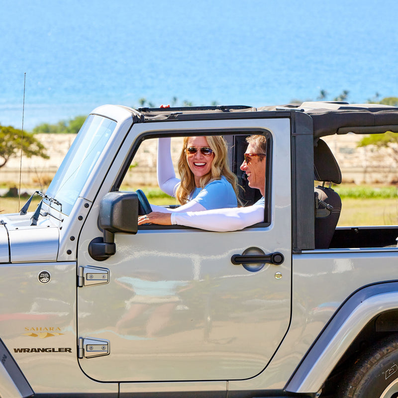 People in a Jeep Wearing White Bamboo Sun Sleeves|white