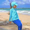 Little girl in UV Skinz's kid's active fleece hat in scuba blue|scuba-blue
