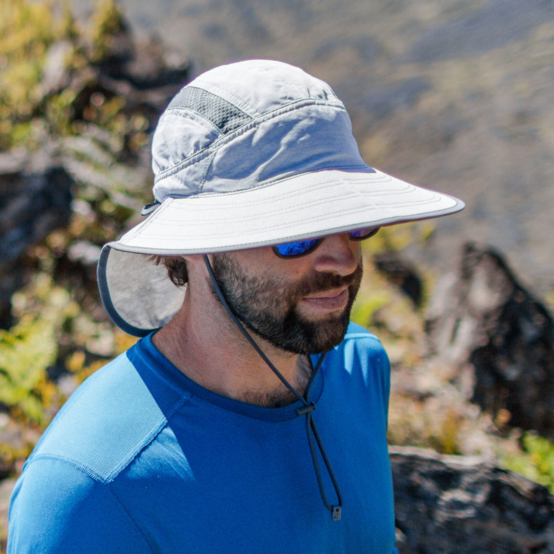 Men wearing the ultra adventure hat in pumice|pumice